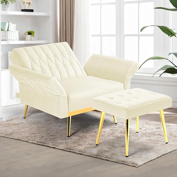 Velvet Accent Chair with Adjustable Backrest and Armrests Single Recliner Armchair with Ottoman and Golden Mental Legs for Living Room Bedroom and Waiting Room Beige