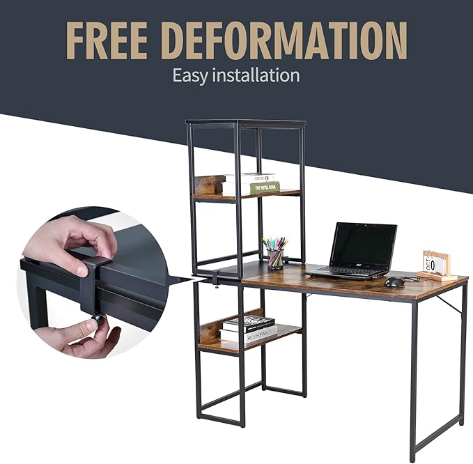 UNICOO® 3 Combination L Shaped Corner Desk with Shelves Computer Desk with Drawers Home Office Writing Study Bookshelf Desk Combo Multi-Function 4 Tier Reversible Storage Bookshelf (XJH-2402)