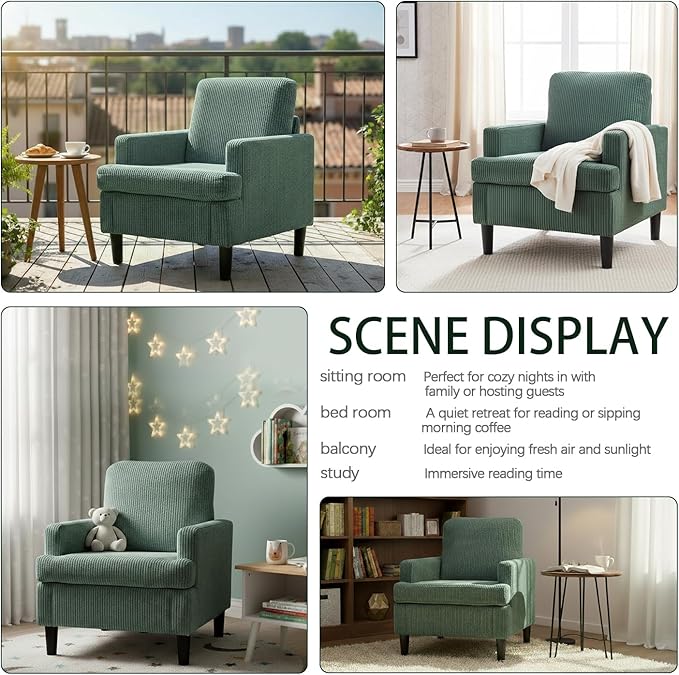 Modern Accent Chair Cozy Living Room Chairs Mid Century Modern Accent Chairs Reading Chair with Armrests for Living Room Bedroom and Study（Green）