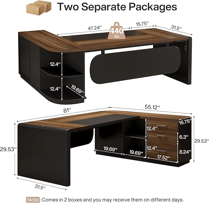 Tribesigns 81-Inch L-Shaped Office Desk Large Commercial Office Desk with Drawers and File Cabinet Modern Professional Business Furniture Workstations with Storage Shelves Brown &amp Black