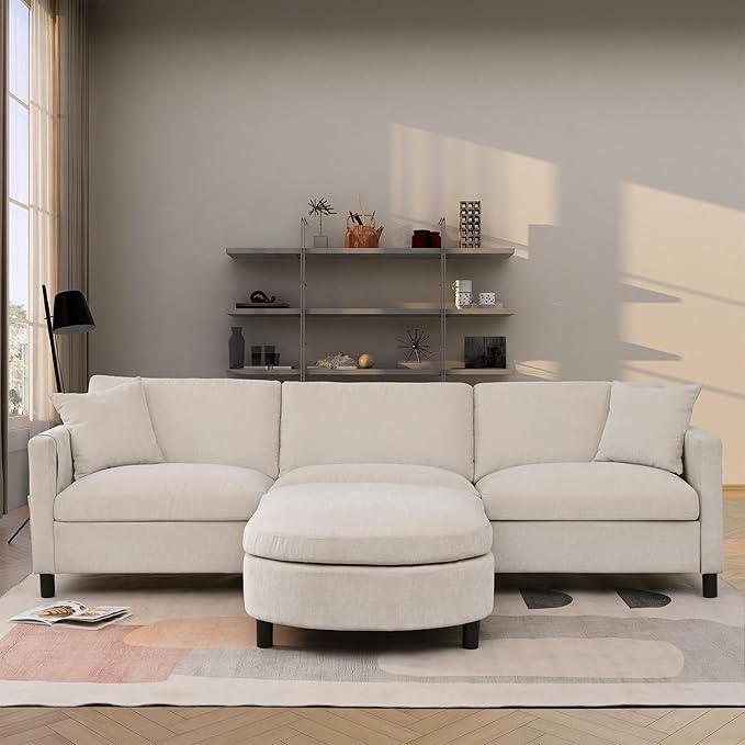 kevinplus 107.87'' Sectional Sofa Couch with Curved Convertible Ottoman for Living Room Modern 3-Seat L-Shaped Upholstered Sectional Couch Sofa for Apartment Polyester Fabric Beige