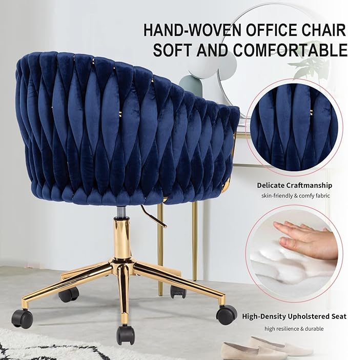 Velvet Office Chair with Back Vanity Chairs with Wheels 360° Swivel Velvet Home Office Desk Chair Accent Chair Makeup Vanity Chair for Bedroom Living Room(Blue)