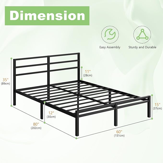 12 Inch Queen Bed Frame with Headboard and Footboard Classic Metal Platform Bed Frame Queen Size Under Bed Storage No Box Spring Needed Easy Assembly Noise Free Black