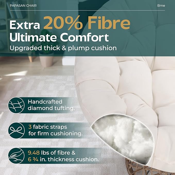 Bme 40 Ergonomic Wicker Papasan Chair with Soft Thick Cushion &amp Frame 360° Swivel Circle Reading Comfy Chair for Living Room Bedroom