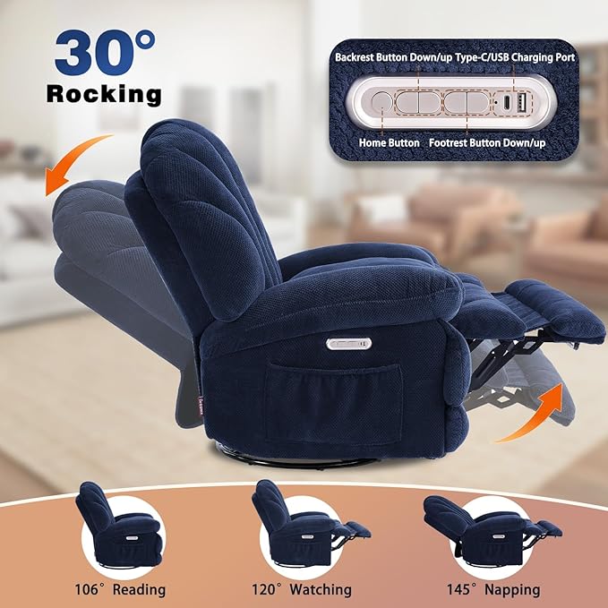 EONIX Dual Motor Power Swivel Rocker Recliner Chair for Living Room Power Adjustable Backrest and Extended Footrest USB Charging Ports Shell Shape Recliner Chair SXXY004021 Navy Blue