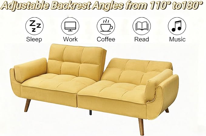 Convertible Futon Sofa Bed Modern Futon Couch with 2 Pillows Small Futons Couch with Adjustable Armrest &amp Backrest Loveseat Sofa Bed for Living Room Bedroom Yellow