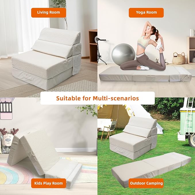 Cozy Folding Sofa Bed Convertible Sleeper Chair Couch Foldable Floor Mattress Comfy Portable Floor Sofa Lounge for Living Room Bedroom(77x26Beige White30D Density Foam) | Breathable Material