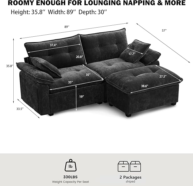 Modular Loveseat Sofa with Ottoman 81.5'' Deep Seat 2-Seater Chenille Couch Comfy L Shaped Convertible Small Sofa for Apartment Living Room Office Soft FabricLoveseat Sofa (Charcoal)