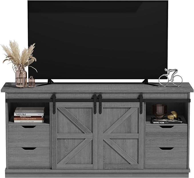 JUMMICO TV Stand with 4 Drawers for 65 Inch TV Farmhouse Entertainment Center with Storage and Sliding Barn Doors Rustic Media TV Console Cabinet with Shelves for Living Room Bedroom (Pale Gray)