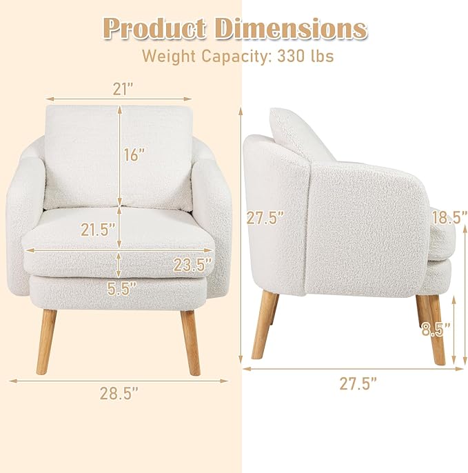 KOMFOTT Sherpa Accent Chair Upholstered Armchair with Seat Cushion Lumbar Pillow &amp Rubber Wood Legs Modern Single Sofa Chair Reading Chair for Living Room Bedroom Office Small Spaces White