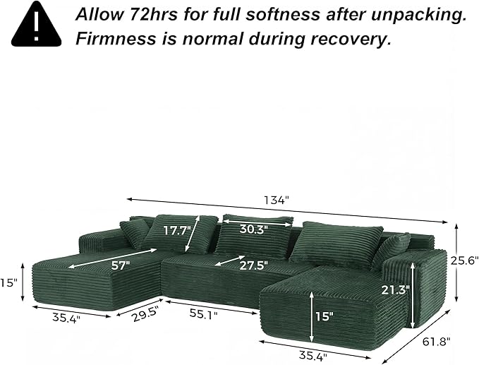 FUFU&ampGAGA 134” U Shaped Sectional Couch for Living Room Corduroy Cloud Sofa with Pillows Modern Boneless Sofa Couch with Chaise No Assembly Required Green 134”W x 61.8”D x 25.6”H