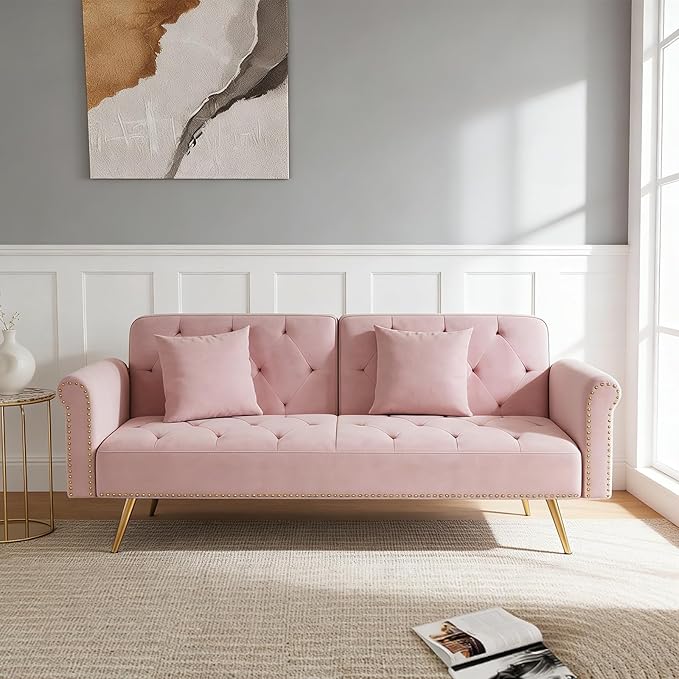 Stylish Velvet Sofa 70 Sofa Sleeper Convertible with Matching Pillows for Living RoomApartmentSmall Spaces (Pink)