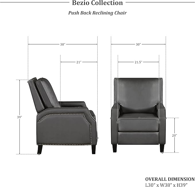 Lexicon Pushback Recliner Chair Faux Leather Armchair Push Back Recliner Nailhead Trim Solid Wood Legs Easy Assembly for Living Room/Office/Apartment Dark Gray