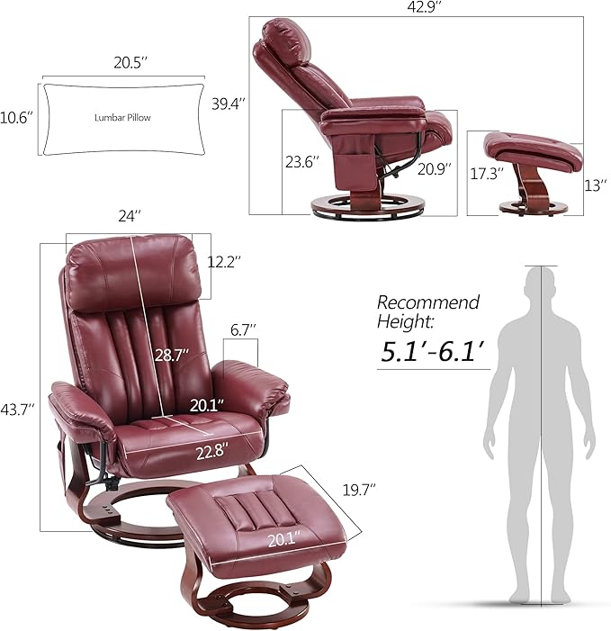 MCombo Swivel Recliner with Ottoman Faux Leather TV Chair with Vibration Massage Ideal for RV Small Space Living Room &amp Bedroom 4999 (Faux Leather Burgundy)