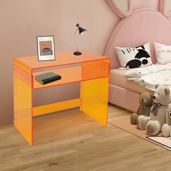 Modern Acrylic Computer Desk 33.5W x 15.8D x 29.5H inches Clear Orange Study Table with Baffle and Removable Divider Minimalist Home Office Desk for Holding Laptops Books and Other Office Supplies