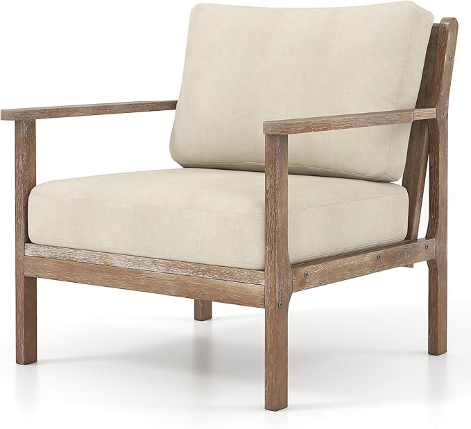 Giantex Mid Century Modern Accent Chair Wooden Arm Chair w/Solid Wood Frame Removable Seat Cushion &amp Pillow Vintage Comfy Reading Chair for Living Room Bedroom Study