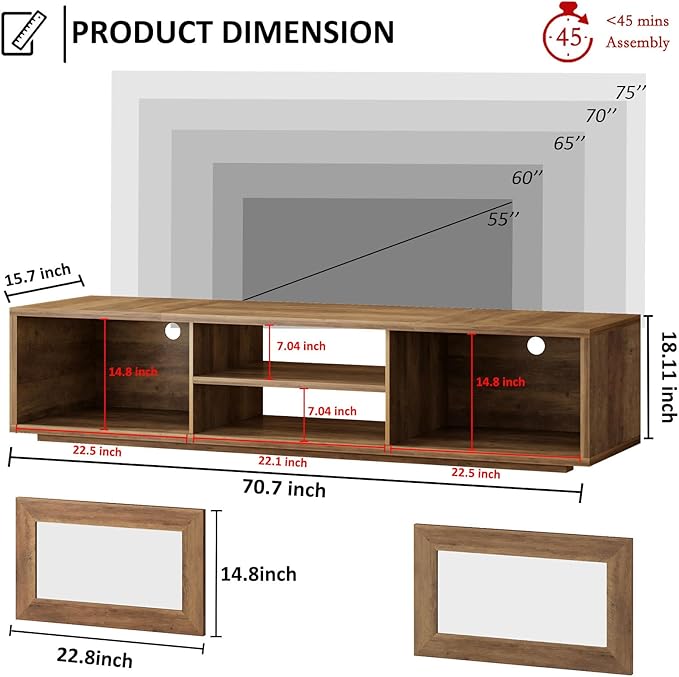 HSH 70 inch TV Stand for 75 TVEntertainment Center for Living Room Under TV Storage CabinetLow Modern TV Media Console Wood with Sliding Doors for BedroomRustic Oak