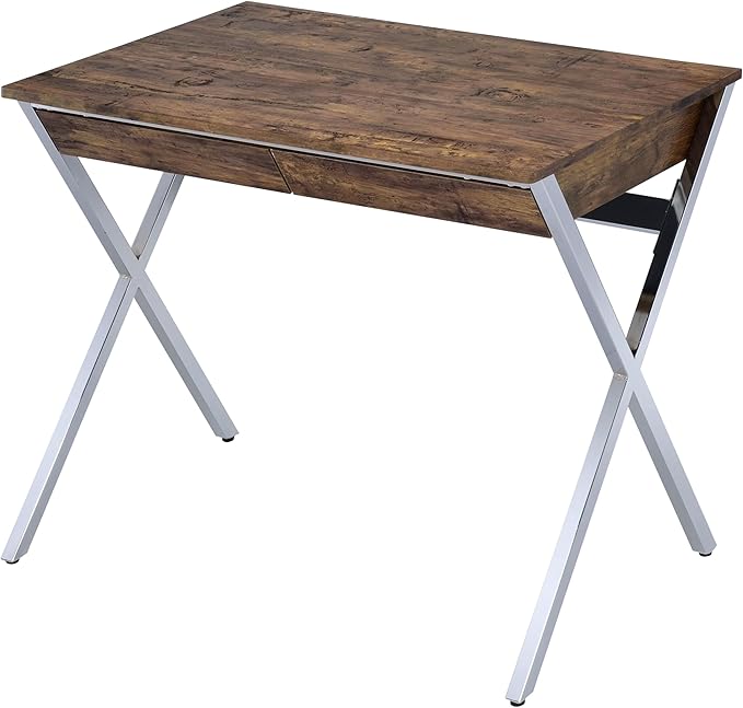 Weathered Oak and Chrome 2-Drawer Writing Desk Wooden Top Laptop for Study and Home Office
