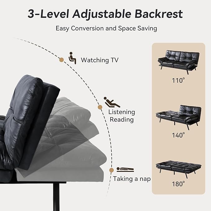 Convertible Faux Leather Futon Sofa BedMemory Foam Futon CouchSmall Splitback Modern Folding Loveseat Sleeper Sofa Couches for Living RoomOfficeApartmentClassic Black