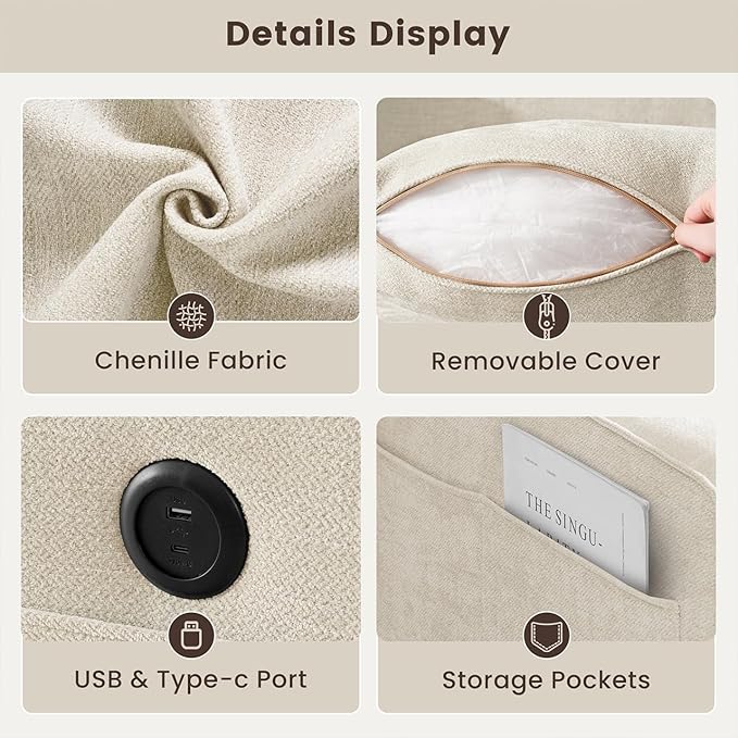 PARKOL 99 L-Shaped Sectional Couch with Storage Sofa with Reversible Chaise USB Type-C Charging Chenille Fabric Removable Cushion Covers for Small Space Apartment Living Room Beige