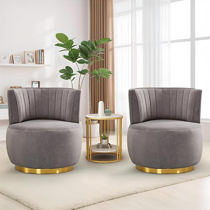 SLEERWAY 360° Swivel Barrel Chair Set of 2 Modern Velvet Round Accent Chair Comfy Upholstered Small Armchair with Gold Metal Base for Living Room Bedroom Nursery Office Sillas para Sala Gray