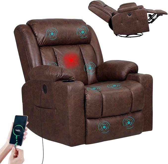 LEVELEVE Retro Rocking Recliner Chair Massage Chair with Vibration Massage and Heat USB and Type-C Ports360° Swivel ChairsLiving Room Bedroom Nursery RV Brown