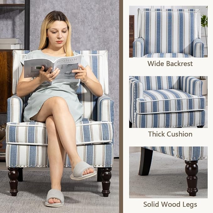 Striped Accent Chair Upholstered Armchair &amp Blue Side Chair for Living Room Bedroom Modern Farmhouse|Wood Legs