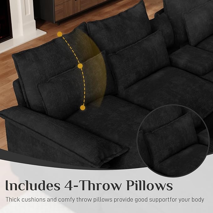 OUYESSIR 135 U Shaped Sectional Cloud CouchBlack Sectional Couches for Living RoomComfy Fluffy Chenille Oversized Cloud CouchModular Sectional Sofa with Central Console &amp Double Chaise Lounge