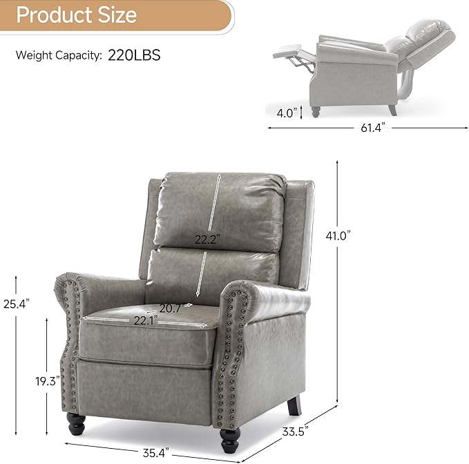 Pushback Recliner Chairs Set of 2 Faux Leather Wingback Recliner Chair Upholstered Push Back Armchair Recliner Single Sofa with Trim Wood Legs for Living Room (PU Gray)