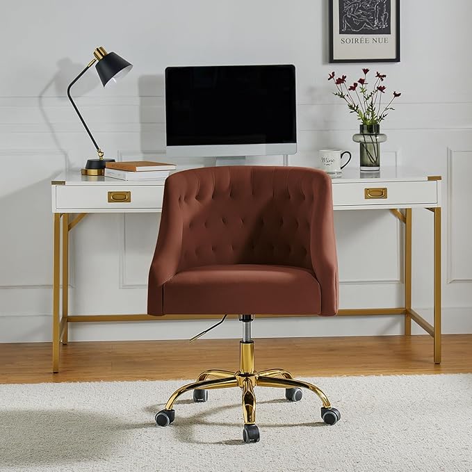 TINA'S HOME Velvet Home Office Chair with Gold Base Comfortable Modern Cute Desk Chair Adjustable Swivel Task Chair for Living Room Bedroom Vanity Study Burn-Brick