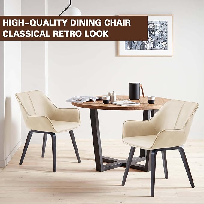 Upholstered Dining Chairs Set of 2 4 &amp 6 - Faux Leather Accent Living &amp Kitchen Dining Chairs - Comfortable Reading/Arm Chairs - Mid Century Modern Style (Beige 2)