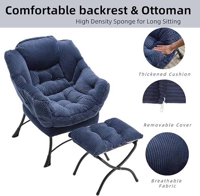 Modern Lazy Chair with Ergonomic Ottoman Comfortable Lounge Chair with Footrest for Space Saving Comfy Reading Armchair for Living Room Bedroom Office Navy