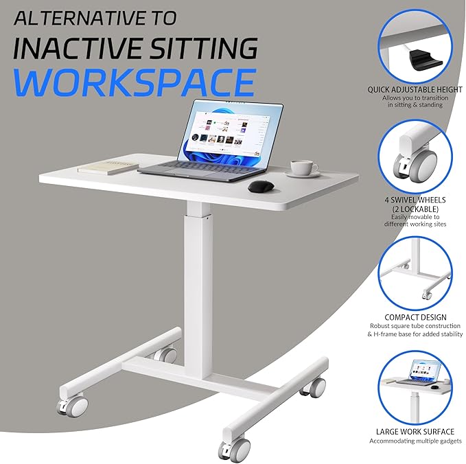 Mobile Laptop Standing Desk Adjustable Height Small Mobile Desk Workstation with Wheels Portable Rolling Computer Desk Cart for Home Office Classroom (White)