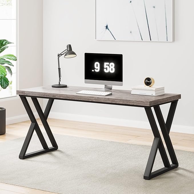 Tribesigns Writing Computer Desk 55 inch Heavy Duty Study Desk with Z-Shaped Metal Leg Modern Simple Home Office Computer Desk Grey