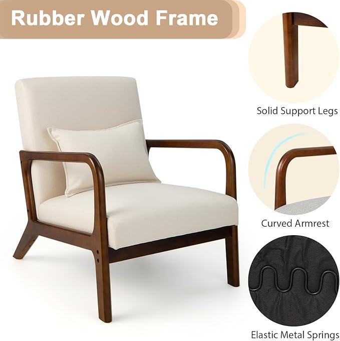 POWERSTONE Mid-Century Accent Chair Set of 2 - Upholstered Lounge Armchair with Pillow Solid Wood Legs Linen Fabric Modern Reading Leisure Chair for Living Room Bedroom Guest Room Beige