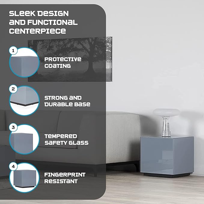 SONOROUS Premium Tempered Glass Side Table - Luxury Nightstand &amp Bedside Table for Bedroom or Living Room - High Gloss End Table in Gray Finish - Sleek Cube Design with Fingerprint Resistant Glass