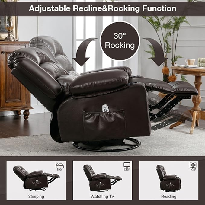 Electric Recliner Chairs for Adults Massage Recliner Chair with Heat 360 Swivel Recliners Chair for Living Room with 2 Cup Holders &amp USB Charge Port Rocking Function and Side Pocket (Brown)