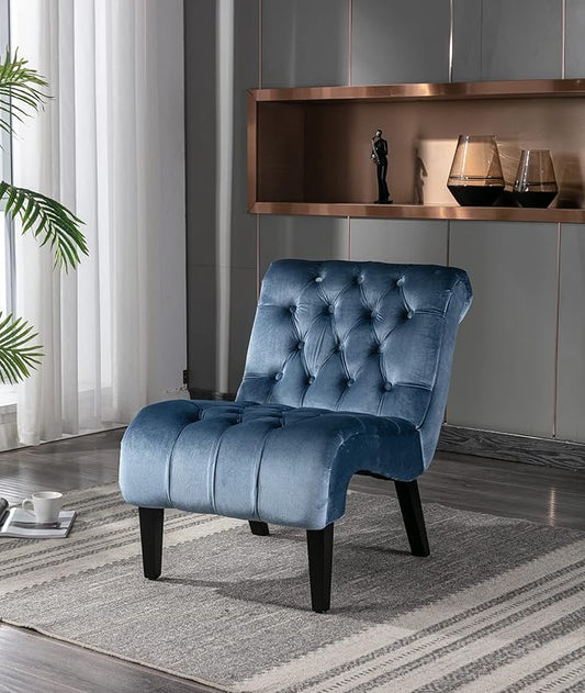 KINFFICT Velvet Accent Lounge Chair for Living Room Modern Leisure Chair with Tufted Backrest Indoor Armless Side Chair Upholstered Bedroom Sleeper Chairs with Solid Wood Legs