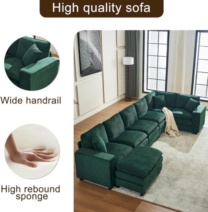 Modern U Shaped 6-seat Sectional Sofa Couch with one Ottoman and Three toss PillowsModular Sofa for Living RoomCorduroy Sofa (GreenCorduroy-7 Seat)