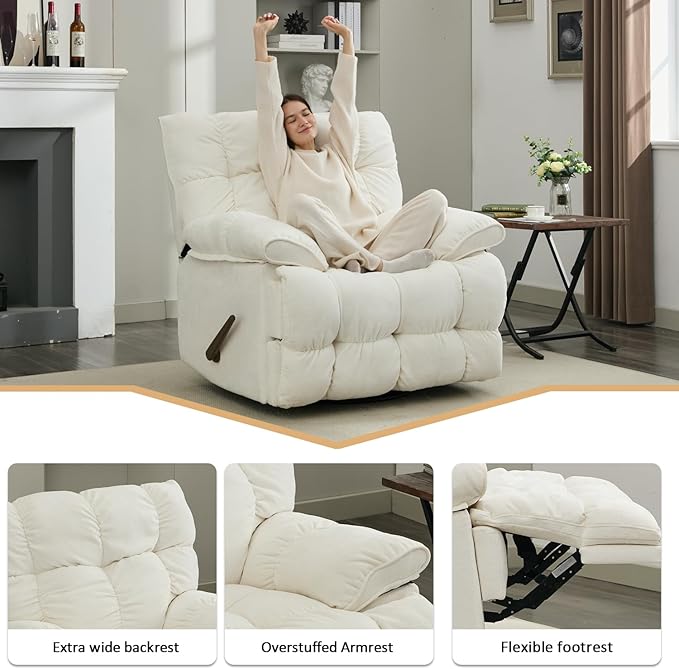 Oversized Rocker Recliner Chair for AdultsOverstuffed 360° Swivel Rocking Recliner Extra Wide Breathable Fabric Manual Reclining Single Sofa for Living Room (White)