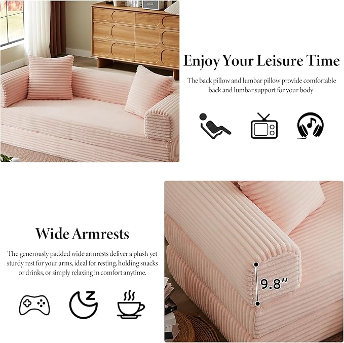 Folding Convertible Sleeper Sofa Bed Corduroy Upholstered Boneless Couch with Pillows Modular Floor Sofa Compression Couch for Living Room No Assembly Required (Pink)