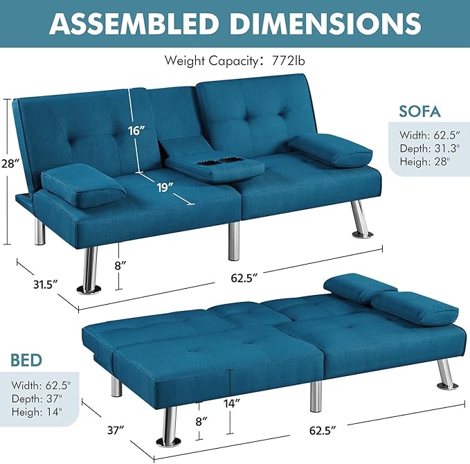 Yaheetech Convertible Sofa Bed Adjustable Fabric Couch Sleeper Modern Recliner Reversible Loveseat Folding Daybed Guest Bed Removable Armrests Cup Holders 3 Angles 772lb Capacity Aqua Blue