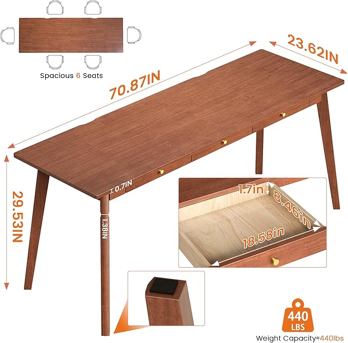 100% Solid Wood Desk 71 Mid Century Modern Desk with 3 Drawers Large 2 Person Vintage Writing Desk Simple Wooden Table for Restaurants Home Offices