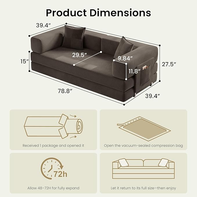 78.8 Convertible Futon Sofa BedCorduroy Futon Couch with Storage PocketFolding Pull Out SofaNo Assembly Boneless Couch for Living RoomBrown