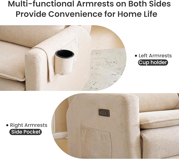Oversized Swivel Rocker Recliner with Adjustable Headrest 26 Extra Wide Glider Recliner Nursery Chair with Double Cushion Chenille Glider Rocking Chair for Living RoomCup HolderBeige