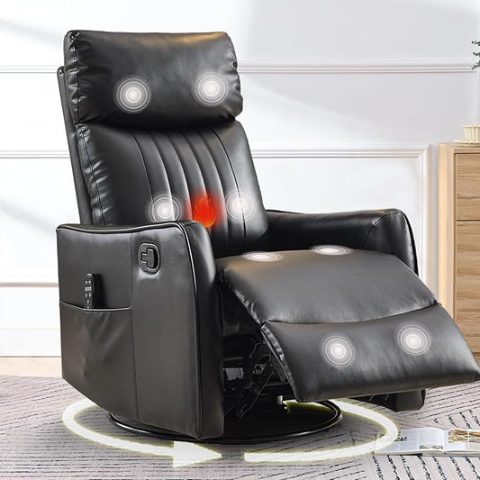 cinkehome Heated Massage Swivel Rocker Recliner Chair for Nursery - Small Space Reclining Chair with Lumbar Support 360° Swivel &amp Gentle Rocking Ergonomic High Back Faux Leather Black