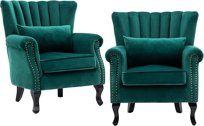 chairus Mid-Century Modern Accent Chairs Set of 2 Comfy Sofa Chairs Channel Back Armchairs with Small Pillow for Living Roon Bedroom Club - Velvet Green