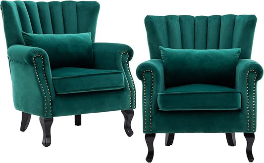 chairus Mid-Century Modern Accent Chairs Set of 2 Comfy Sofa Chairs Channel Back Armchairs with Small Pillow for Living Roon Bedroom Club - Velvet Green