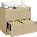 HOPUBUY 2 Drawer File Cabinet with Lock Printer Stand Lateral Filing Cabinets for Home Office and School Wood Rattan File Cabinet for Hanging Files/Letter/Legal/A4/F4 Size Oak