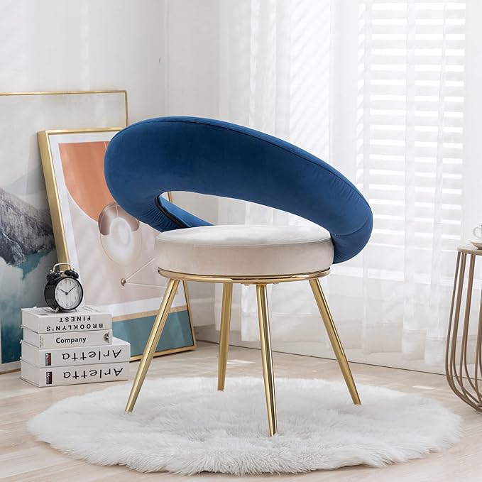 Navy Blue+Off-White Velvet Modern Accent/Conversation Lounge Chair with Gold Plated Legs Unique AppearanceSuitable for Office Lounge Living Room